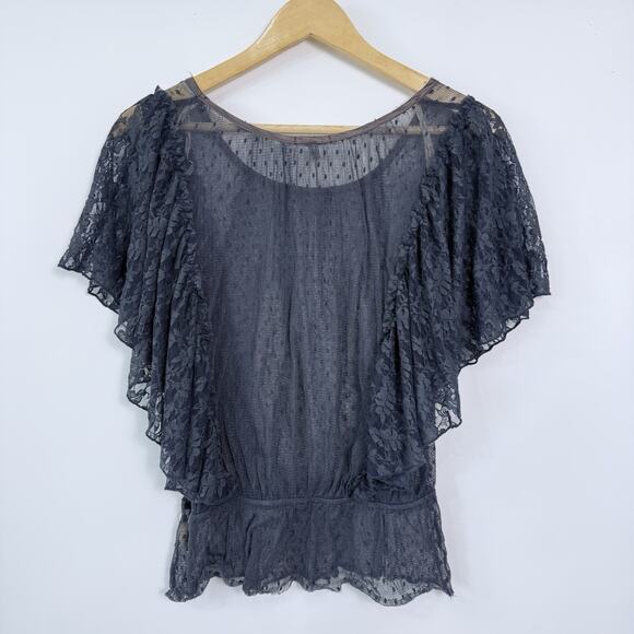 Gimmicks Sheer Lace Mesh‎ Top Size M Gray Flutter Sleeves Feminine Whimsigoth - Picture 5 of 9